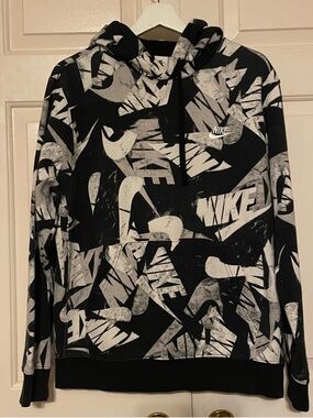 Nike Men's Active Pullover Logo & Swoosh Drawstring Hoodie Blk,White size M